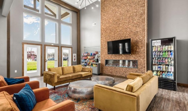 a living room with a fireplace